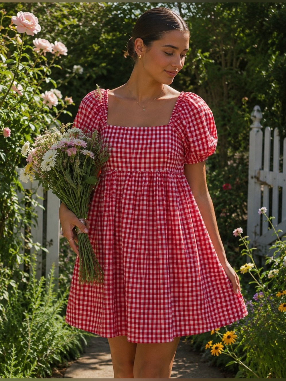 Nordstrom Abound Red and White Gingham Puff Sleeve Mini Dress